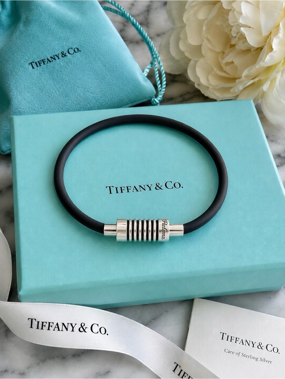 Tiffany & Co. Paloma Picasso Groove Surfer Bracelet Black Rubber Silver 7.5”